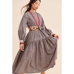 Rujuta Sheth Cotton Gingham Tiered Long Sleeves A-Line Libby Midi Dress Medium